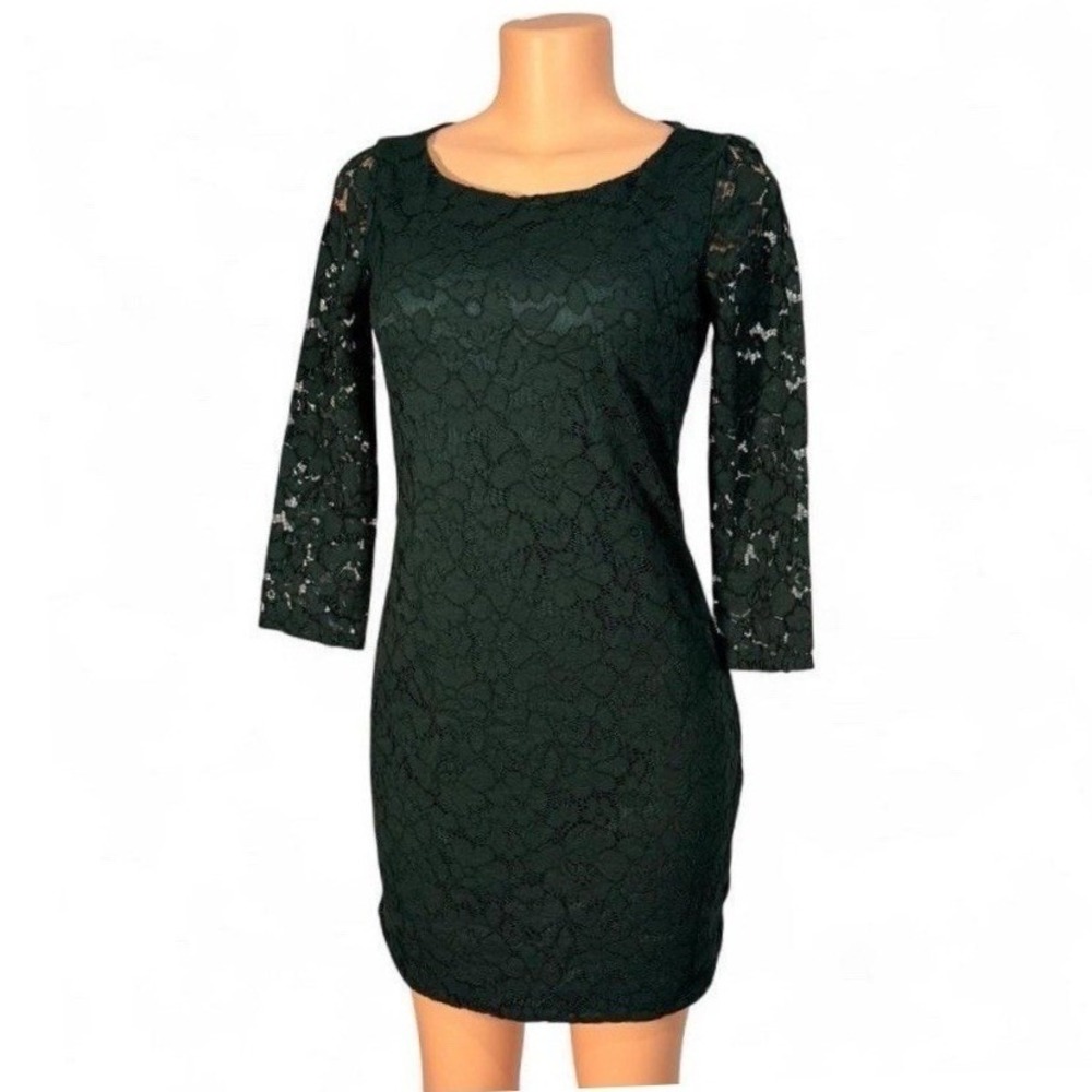 Vince Camuto Lace Sheath Dress Womens 2 Green Excellent 3/4 Sleeve Floral Scoop